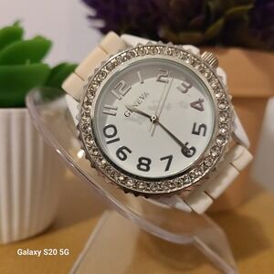 Geneva Rhinestone Bezel White Ceramic Band Women's Fashion Watch‎ Pre-owned